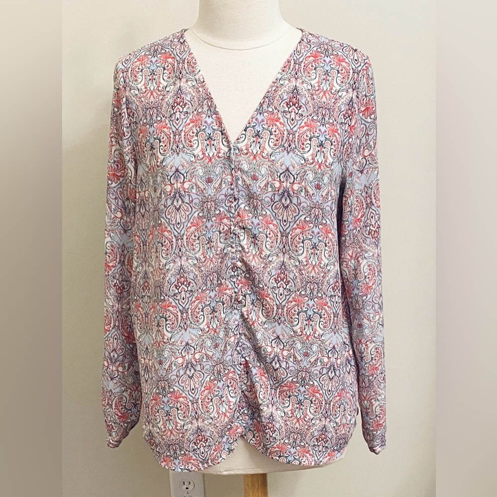 Elaine Rose Blue Red Paisley Boho Print Long Sleeve Button Down Blouse Size L